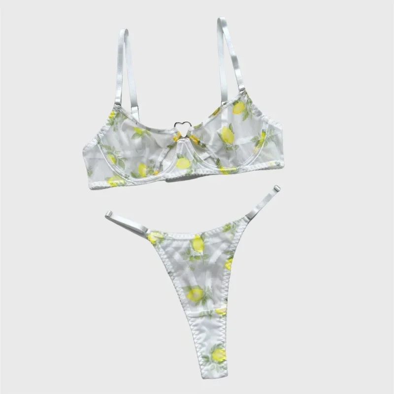 Coquette Women's Lingerie Sets Sexy Lemon Cutout Bra Thong 2PC Youth Girls' Sensual Intimates Romantic Heart Decor Kit
