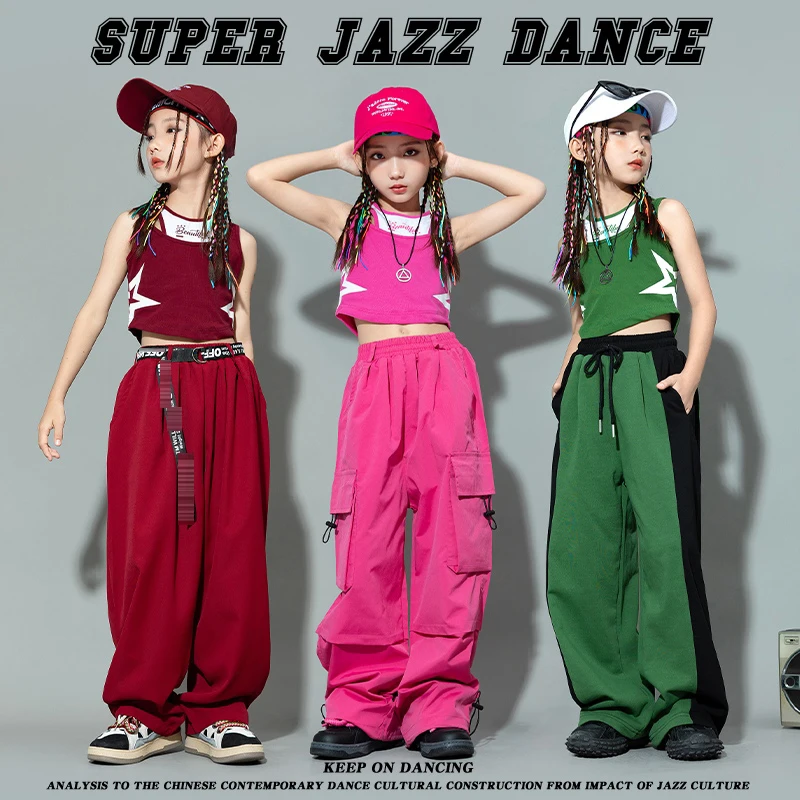 Jazz Dance Clothes Girls Summer Cropped Vest Loose Sweatpants Hip Hop Dance Practice Wear Kids Festival Performance Suit BL12718