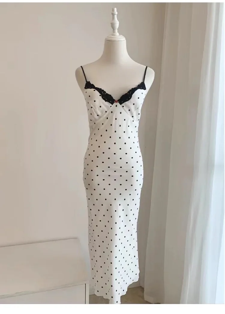 

Women's Robes 2024 New Spring Summer 100% Silk Lace Stitching Strapless Polka Dot Print Slim Sexy Sleeveless Split Midi Dress