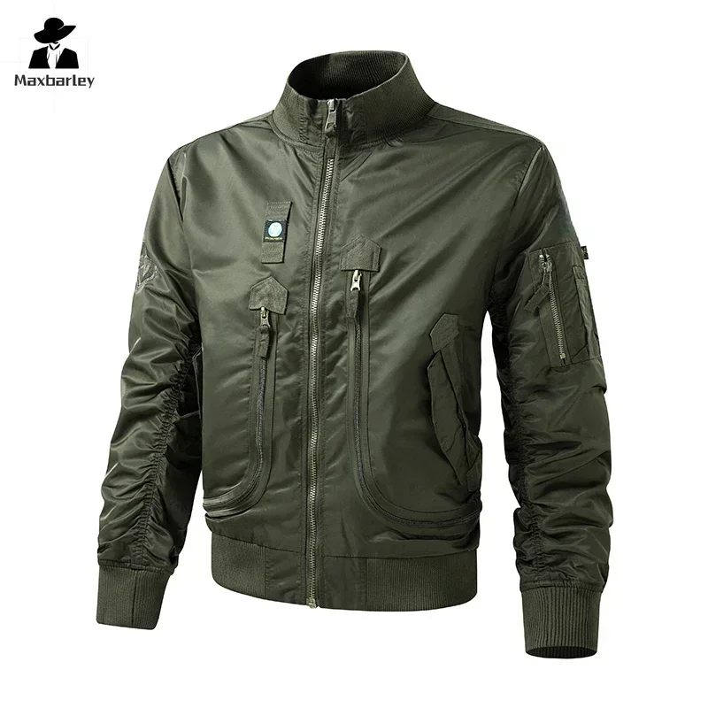 Cargo Work Jacket Men's 2024 Autumn Vintage Army Green Multi-pocket Baseball Coat Outdoor Light Windbreaker Motorcycle Jacket