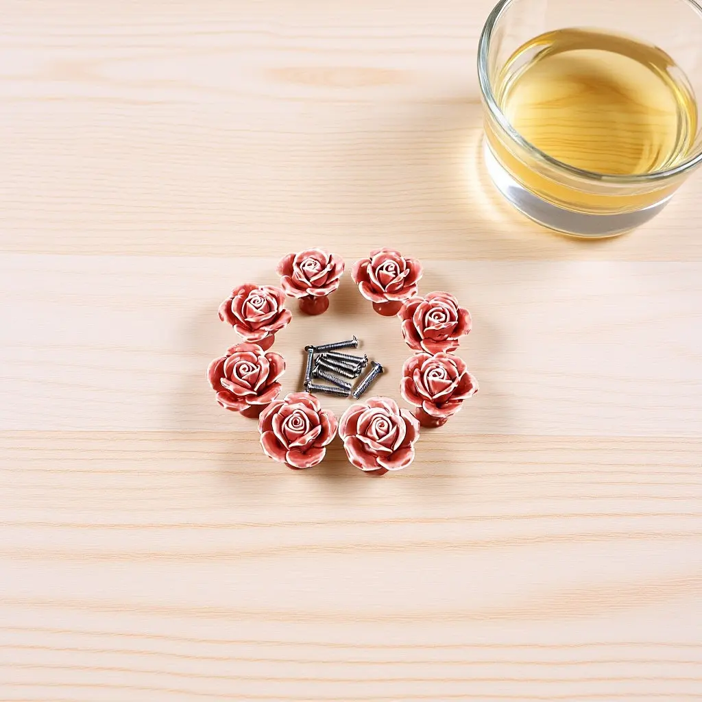 

8Pcs Delicate Rose Ceramic Pull Knobs Pink Hard Ceramic 41x41x34mm Set for Drawer Cabinet Door Wardrobe Bin Chest of Drawers