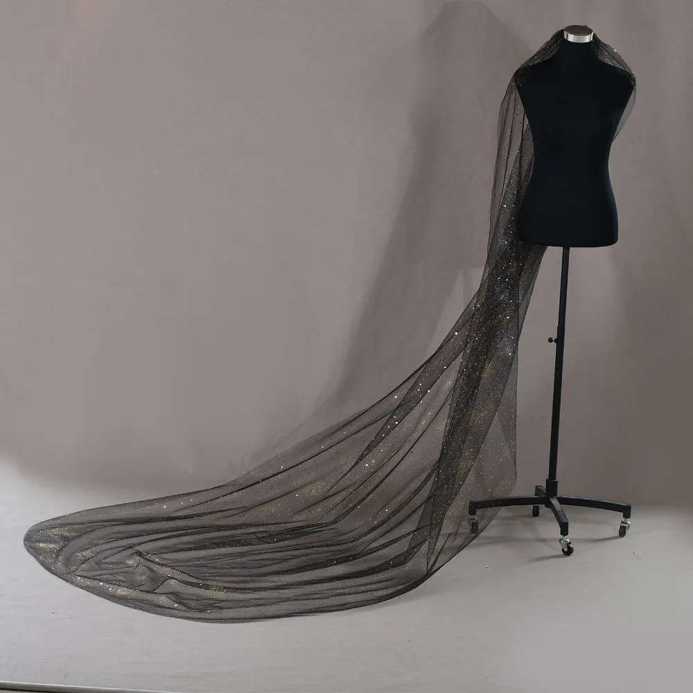 European American Ultra Edgy Black Sequin Glitter Gold Fleck Long Cathedral Train Veil Bridal Veil Party Decor