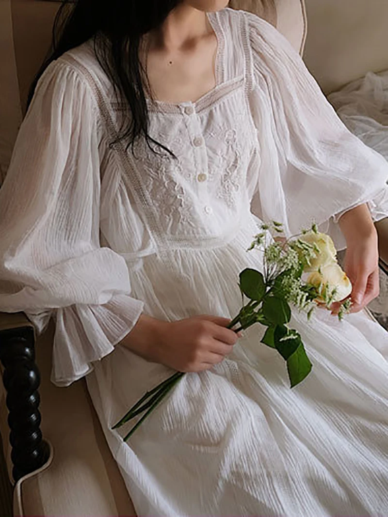 Women Pure Cotton Ruffles Vintage Nightgowns Robe Nightie Long Dress Victorian Romantic Princess Sleepwear Nightdress Homewear