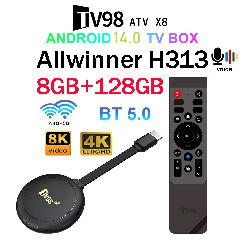 TV98 ATV X8 TV Stick 4G 5G iptv Android 14 Dual Wifi 8GB 128GB Allwinner H313 رباعي النواة HD 8K 4K BT5.0 صوت عن بعد PK MX10-F3