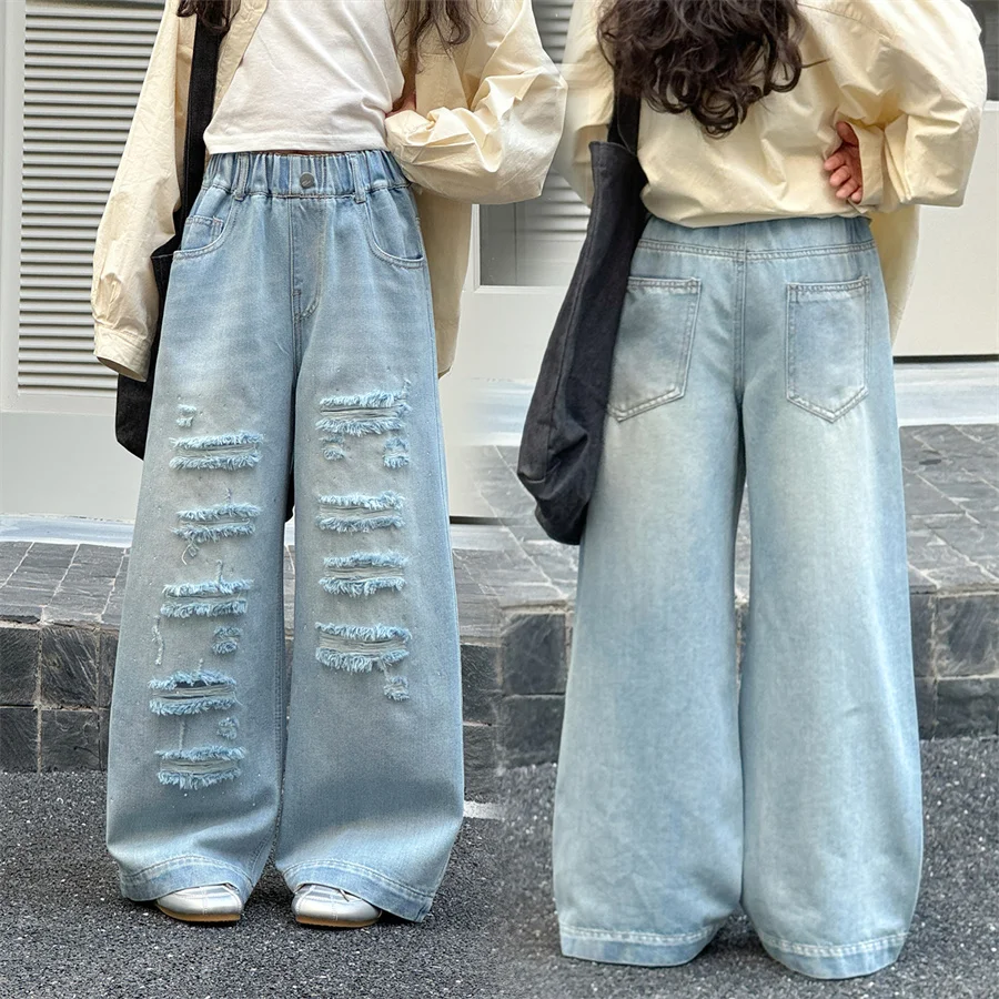 Street Style Children Fashion Loose Straight Distressed Ripped Jeans with Holes for Kids Girls Trend Destroyed Denim Pants 5-14Y