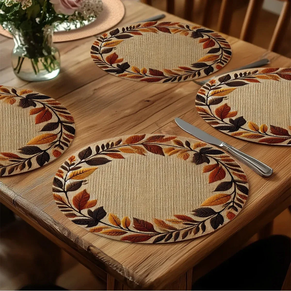 VIKAMA Autumn Leaf Woven Texture Round Placemat, Vintage Forest Style Waterproof Heat‑Resistant Mat