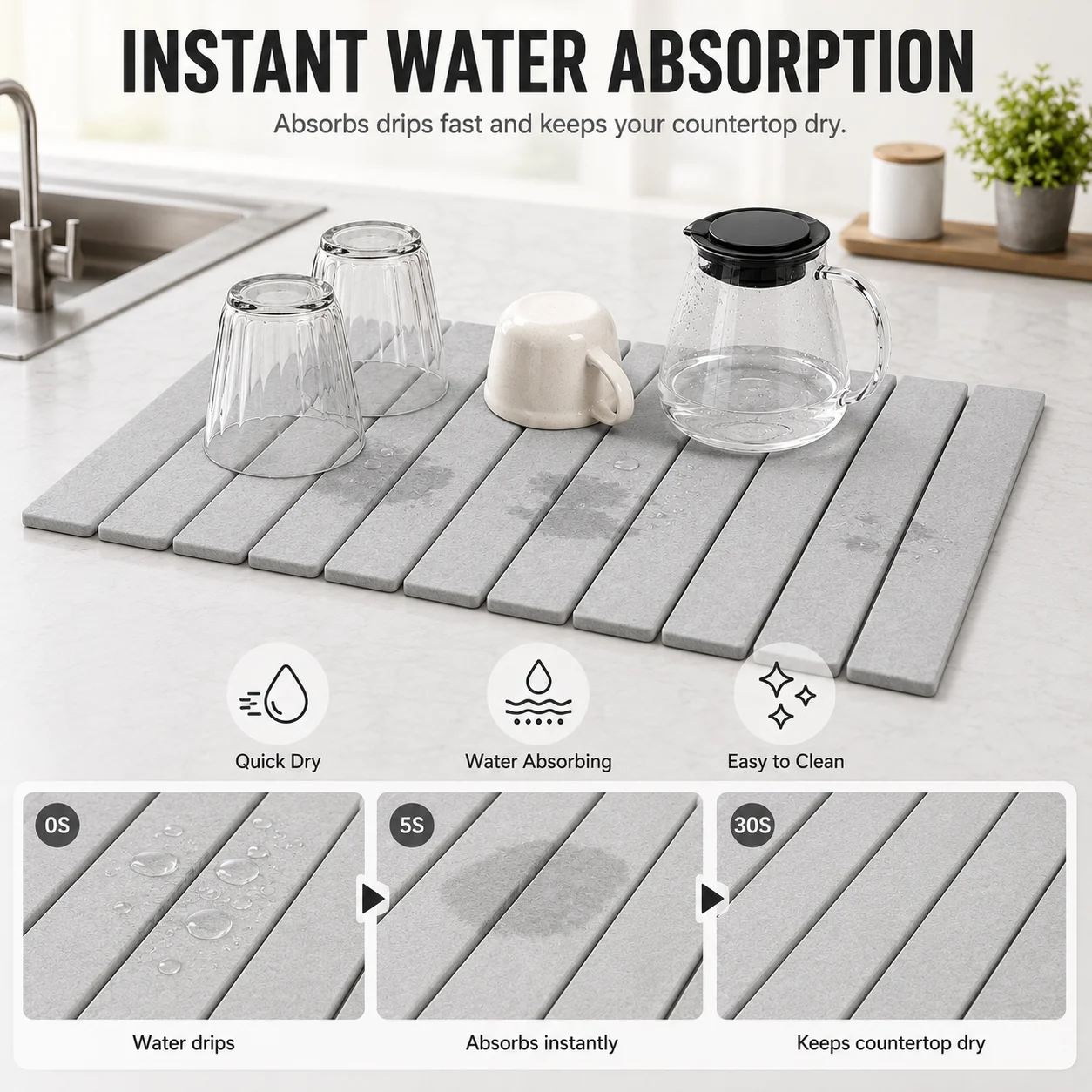 Foldable Diatomite Dish Drying Mat For Kitchen Countertops Fast Water Absorbent Stone Pad Rollable Slatted Design