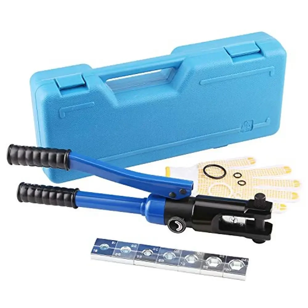 

Hydraulic Cable Lug Crimping Tool Set 6AWG-4/0AWG Terminal Crimper 8 Dies Carbon Steel Chrome Finish Quick Switch C Shape Head