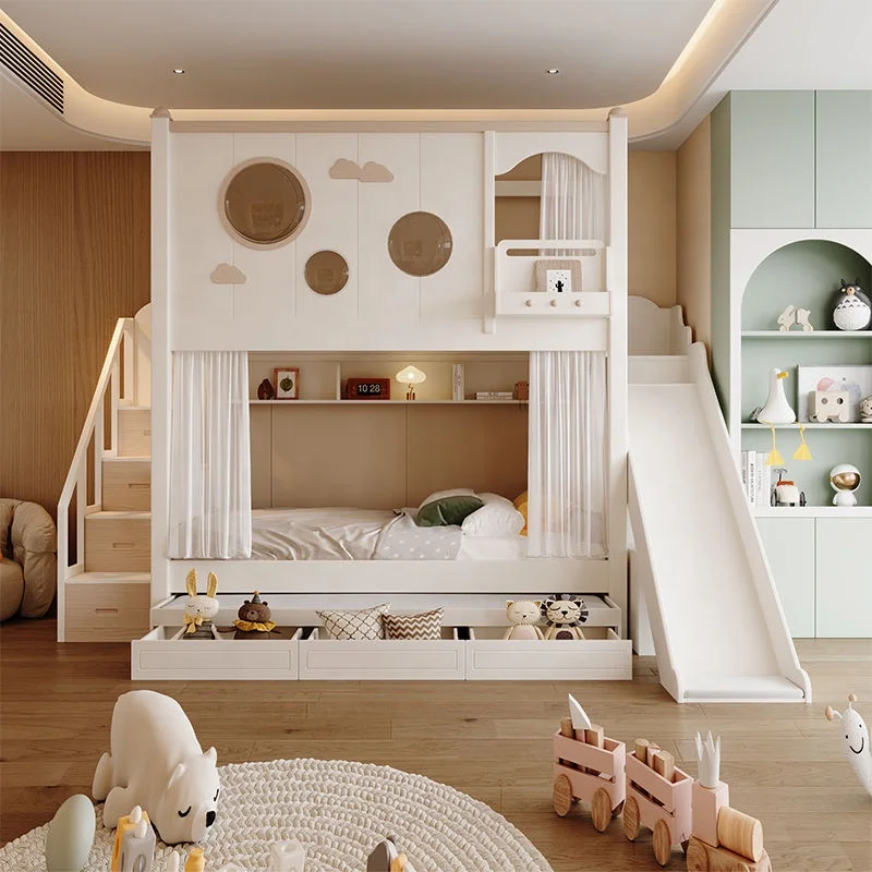 # Storage-centric Children Bunk Bed with Slide and Multi-tier Drawers Solid Timber Kids Playhouse Bed for High-end Residence