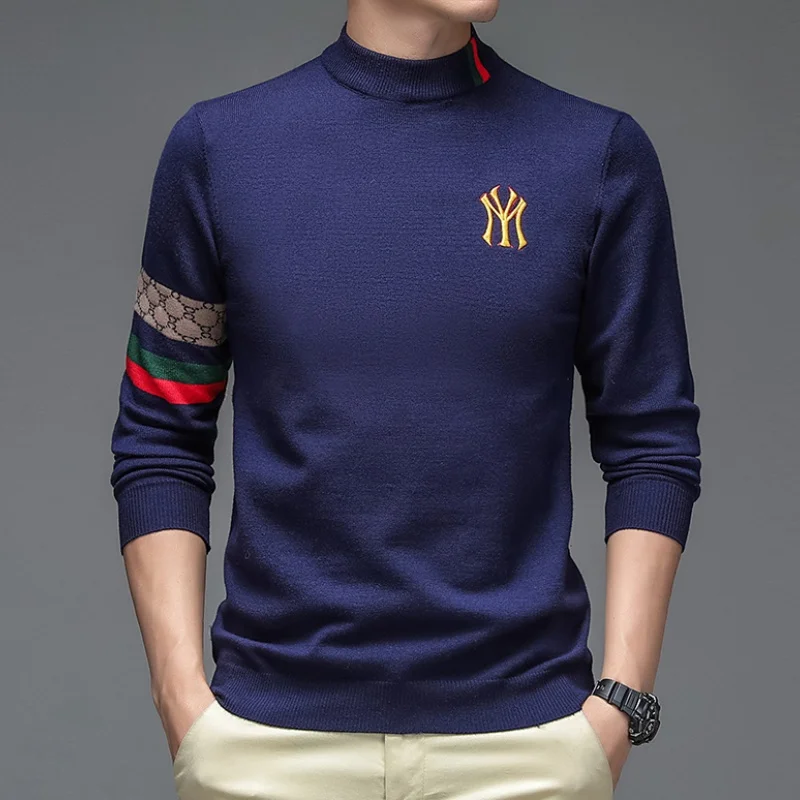 Haut de gamme de luxe hommes Semi haut col à manches longues pull automne hiver nouveau couleur unie broderie pull tricots décontracté hommes