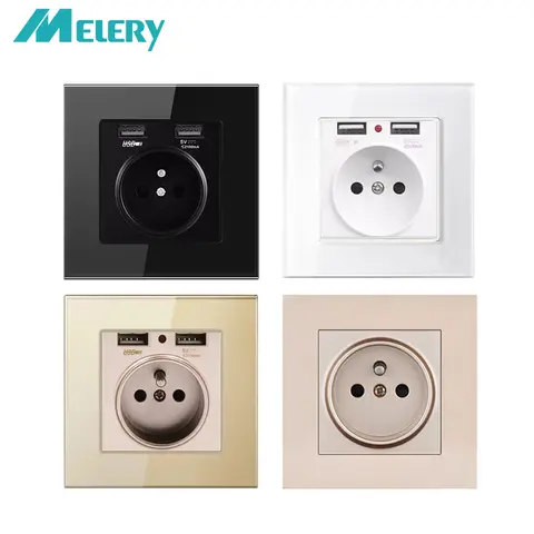 멜러리 벽면 콘센트 프랑스식 콘센트 듀얼 USB 플라스틱/유리 패널 전기 프랑스 전원 EU 플러그 접지형 가정용 침실 주방용