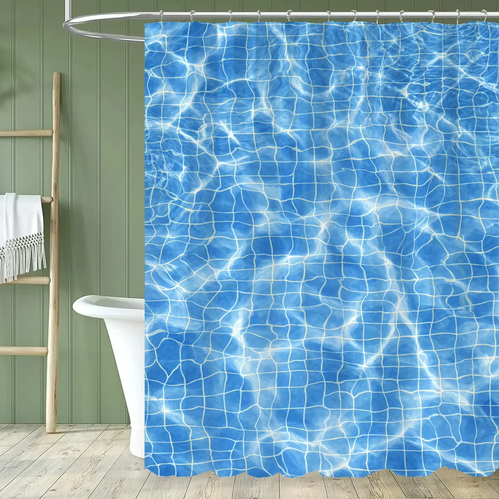 Modern Blue Water Ripple Mosaic Shower Curtain Partition Privacy Hanging Curtain with 12 Hooks Multiple Sizes Machine Washable