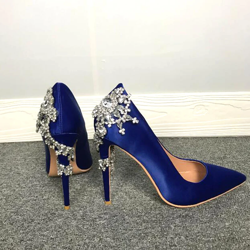 

Woman Twine Diamonds Flower High Heel Blue Dress Shoes Crystal High Heel Party Woman Rhinestones Blue Silk Pumps Wedding Shoes