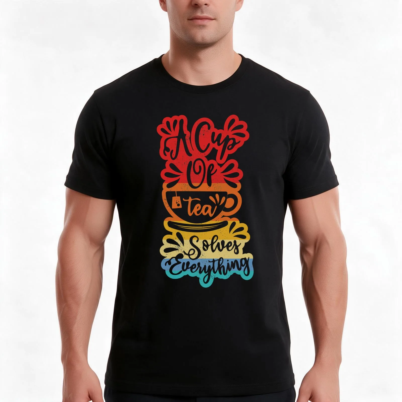 A Cup Of Tea Solves Everything Green Tea Lover Gift T-Shirt, Summer Casual Cotton Tee, Oversized Streetwear Tops, 100% Cotton