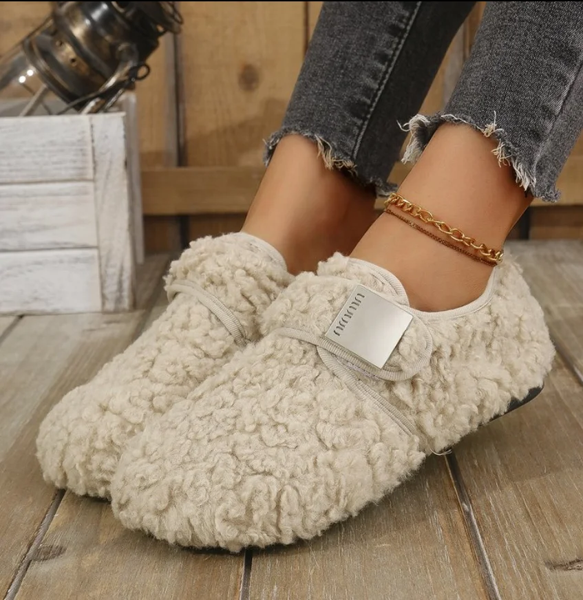 Women Shearling Flats Furry Lambswool Mocasines Mujer Warm Cotton Shoes Ladies Slip On Sheep Fur Lined Casaul Loafers Winter