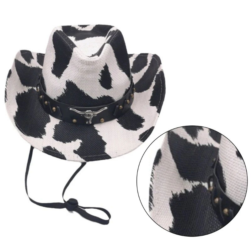 Woman Cowboy Hat with Cow Pattern for Disco Party Teens Breathable Straw Hat