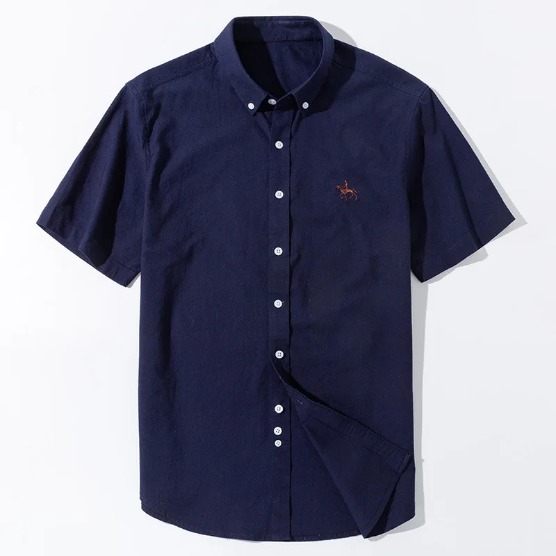 S-6XL 100% Cotton Oxford Shirt Men's Summer short sleeved Sleeve Embroidered Horse Casual Without Pocket Solid Shirt Plus Size