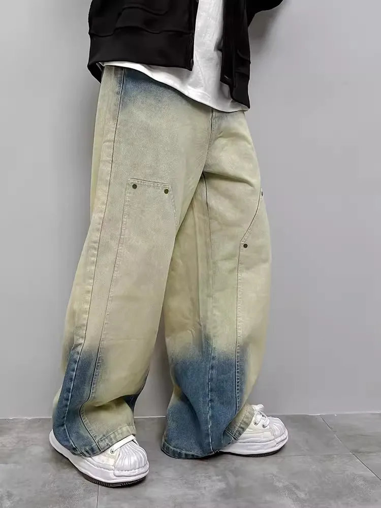 REDDACHIC Tie Dye Blue Collision Baggy Jeans Men Vintage Wide Leg Loose Casual Oversized Pants Street Style Korean Y2k Trousers