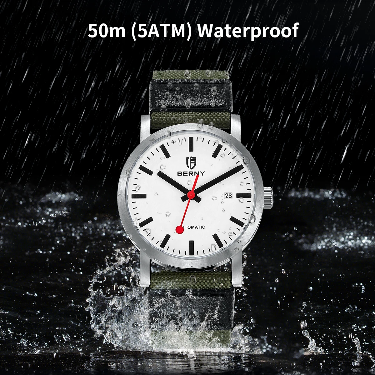 BERNY Automatic Mechanical Men Watch Swiss Railroad Male MIYOTA 8215 Stainless Steel Waterproof Sport Fashion Wristwatch for Men