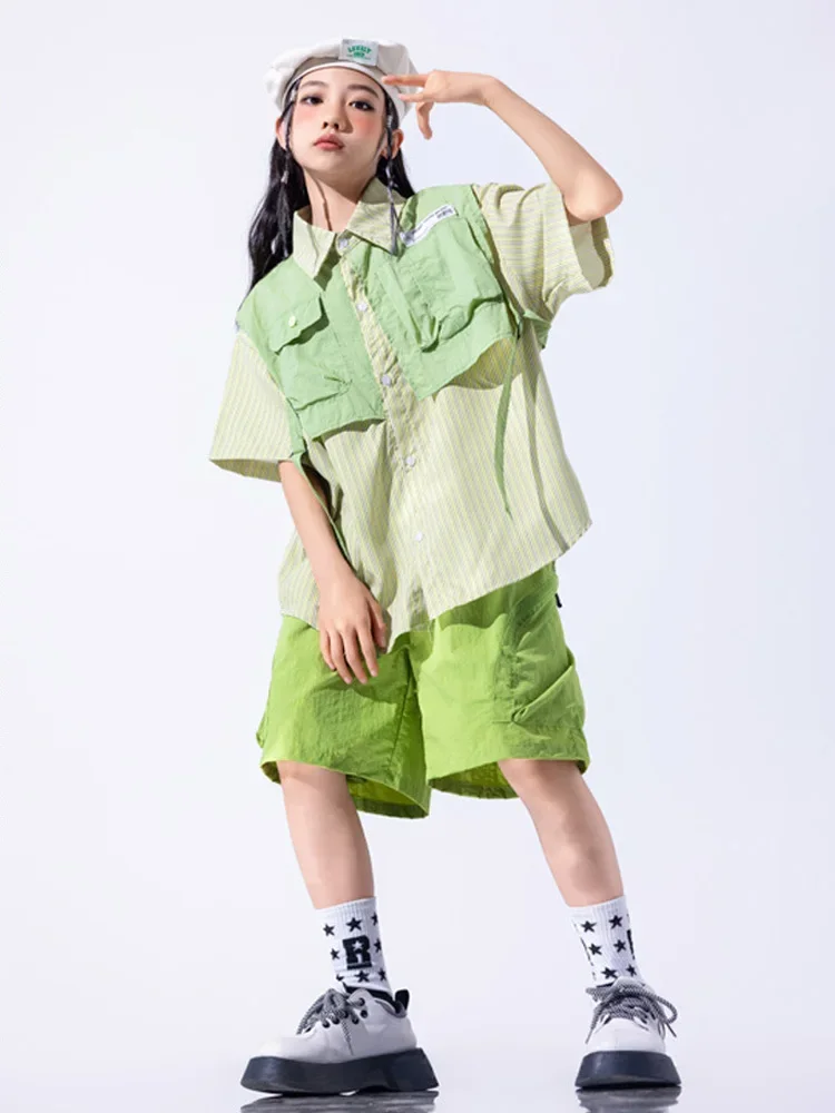 Traje de baile de Jazz para niña, Tops falsos de dos piezas, pantalones cortos verdes, conjuntos de ropa de actuación callejera de Hip Hop para niños