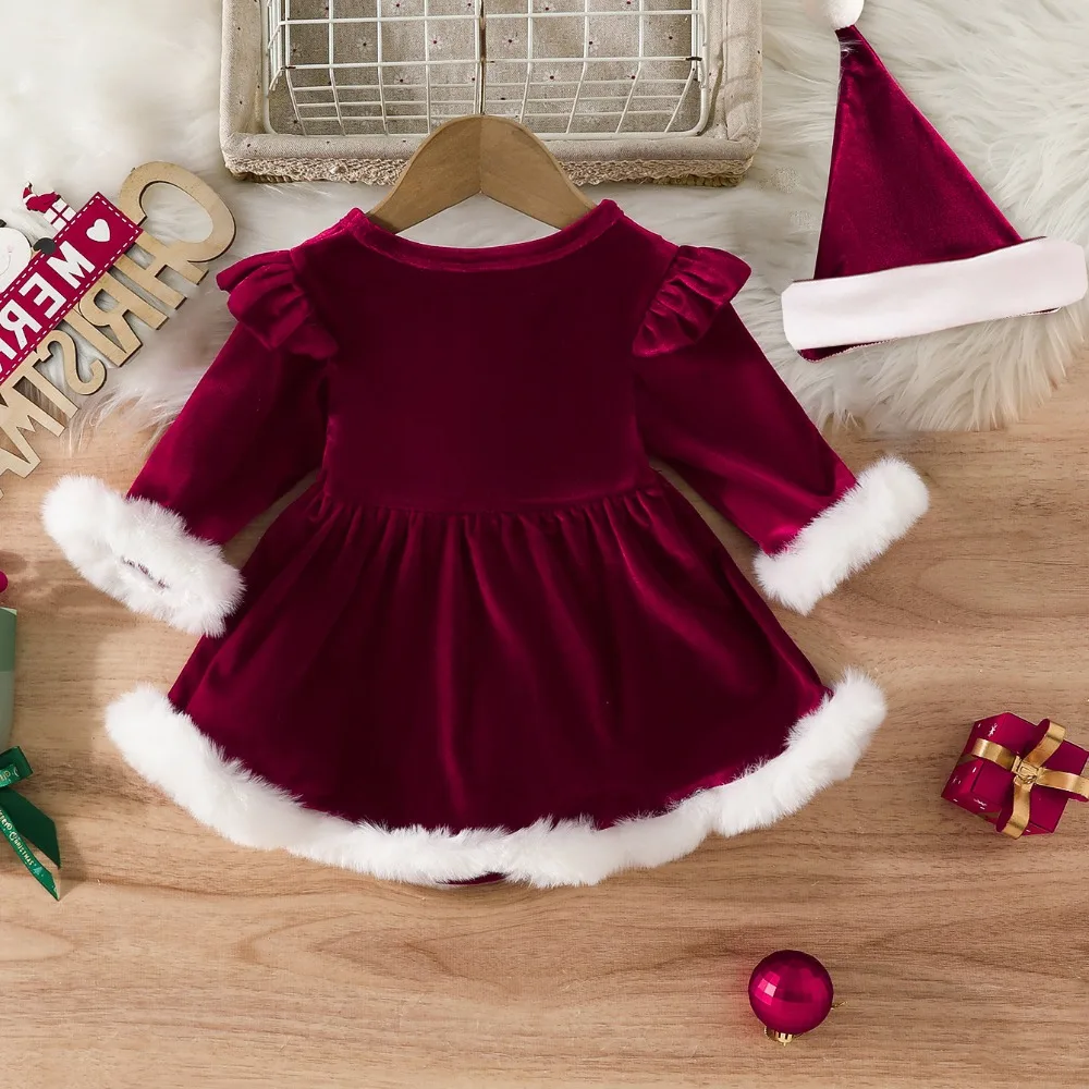 Urso líder bonito vestido de bebê carta vermelha impressa manga longa natal roupas infantis emenda de pelúcia vestidos de ano novo da menina