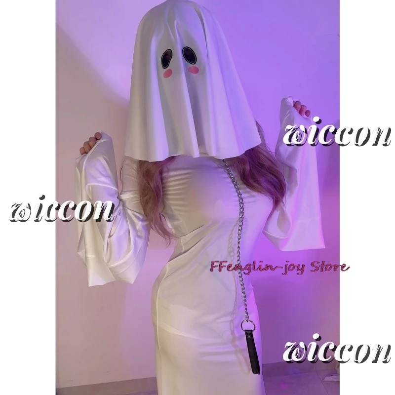 Sexy Schattige Vrouwelijke Ghost Cosplay Kostuum Halloween Schrik Gezicht Cape Schreeuw Kostuum Volwassen Verkleedkleding Halloween Cosplay Kostuum