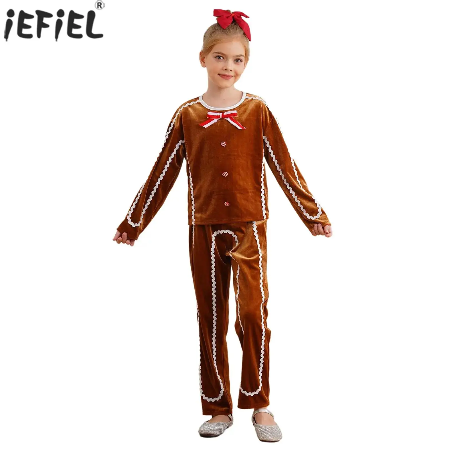 Kids Christmas Gingerbread Man Costume Velvet Long Sleeve Shirt Top And Pants Holiday Xmas Party Cookies Role Play Dress Up