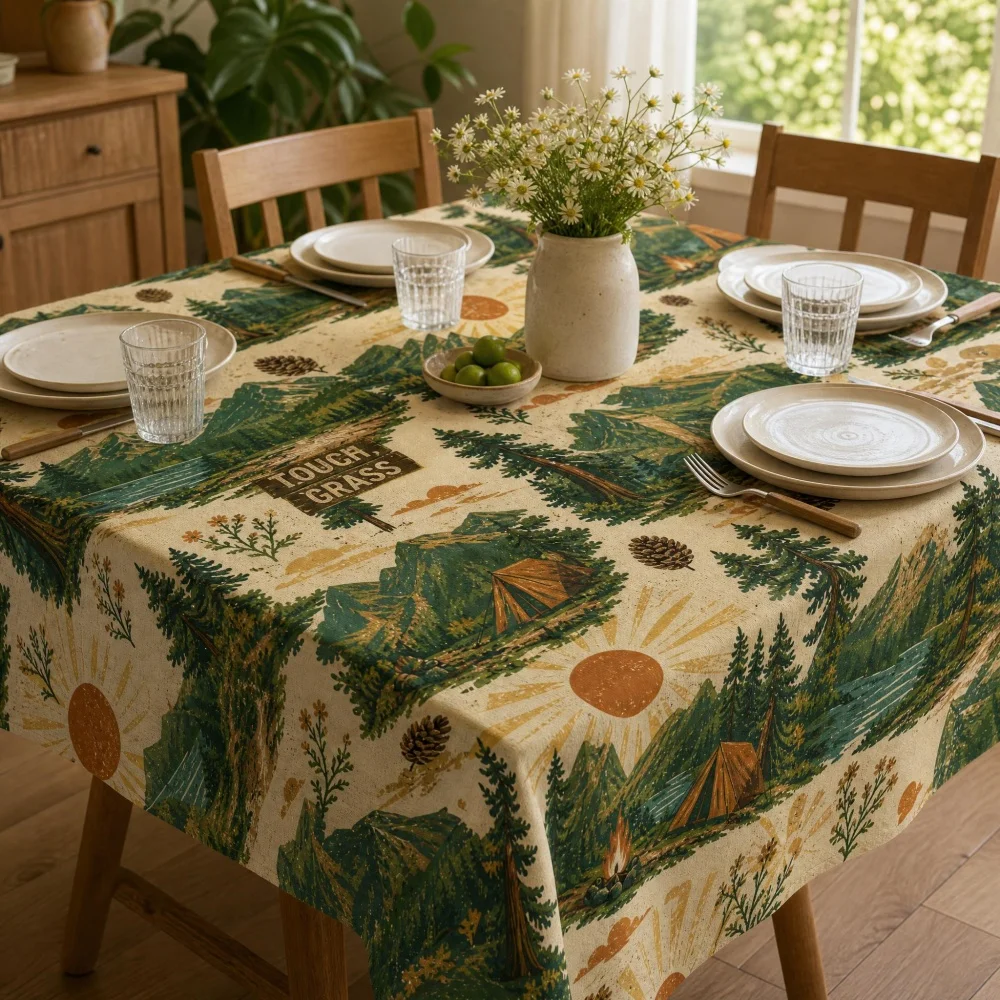 Retro National Park Mountain Camping Tablecloth, Washable Durable Sunset Forest Tent Print Rectangular Table Cover for Picnic
