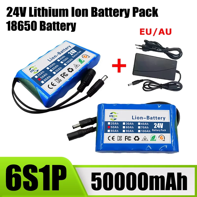 6S1P rechargeable lithium-ion battery pack, 24V 50000mAh, used for CCTV camera monitors, with DC 25.2V 1A charger