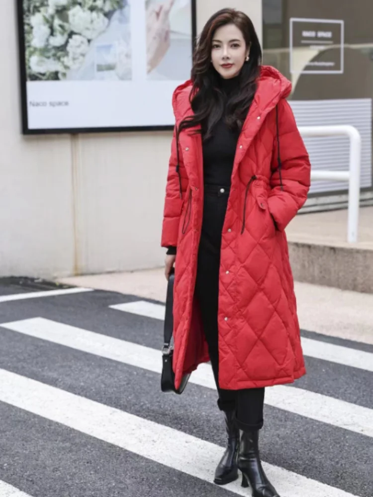 Long Knee-length Down Jacket, Windproof Warm Coat, Loose Hooded Jacket, Diamond Plaid Design, Casual Parkas, Winter Fashion, New