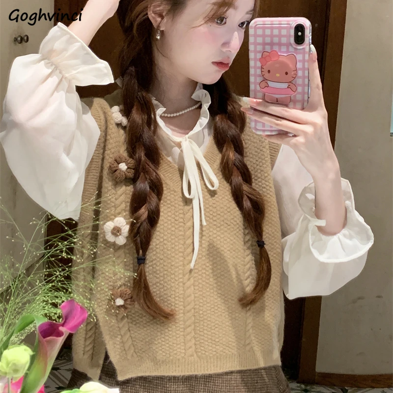 Sweater Vests Women 3D Flowers Twist Side Slit Knitwear Sweet Lovely Girls Spring Autumn Casual Design Vintage Stylish Korean