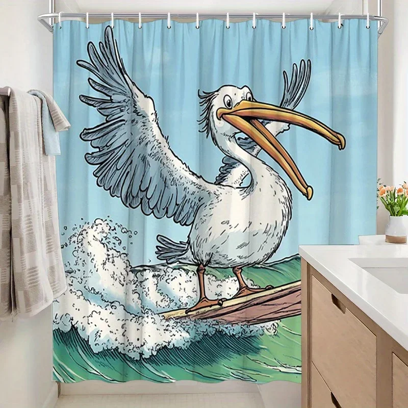 ~O~Pelican Surfing Wave Shower Curtain - Whimsical Animal Scene, Vibrant Polyester, 12 Hooks, Machine Washable,Ocean Bathroom De