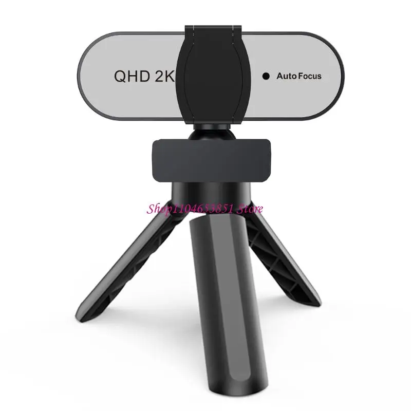 AutoFocus Silver Webcam with Tripods Stand and Lens Cover for Video Calls 