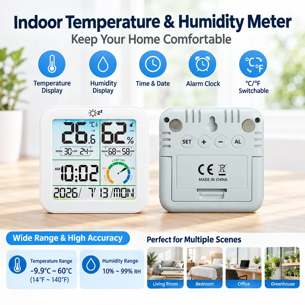 TS-8086 3.43 Inch Lcd Color Screen Digital Thermometer Hygrometer Indoor Temperature Humidity Meter With Alarm Clock Calendar