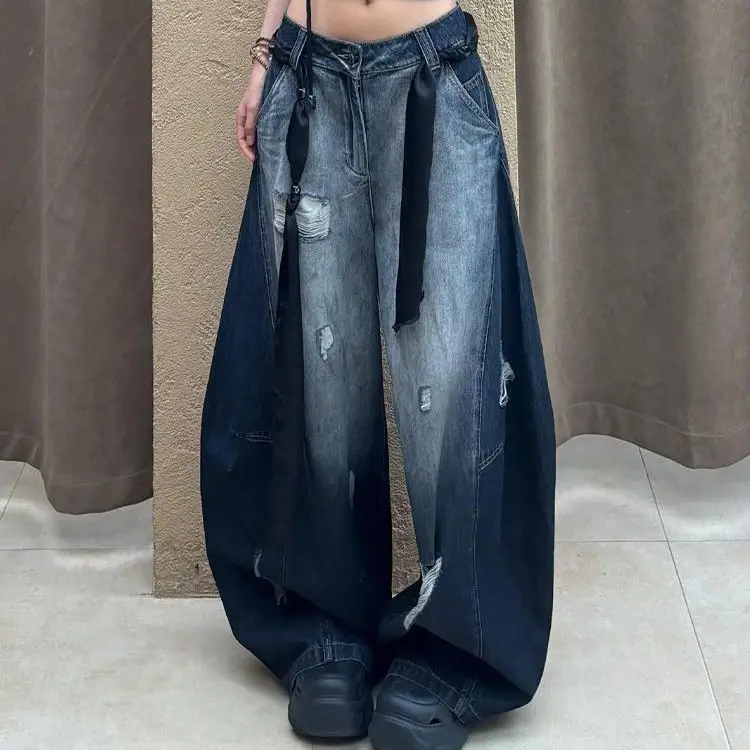 

American Vintage Y2k Hole Jeans Full Length Distressed Subculture Denim Pants Punk Style Retro Loose Chic Mid Waist Button Pants