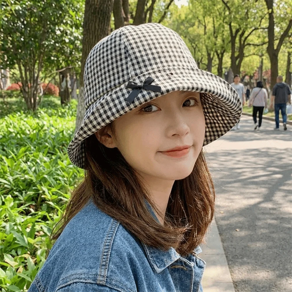 Fashion Black Bowknot Plaid Bucket Hat Casual Gingham Check Wide Brim Sun Hat Dome Basin Versatile Fisherman Hat For Women