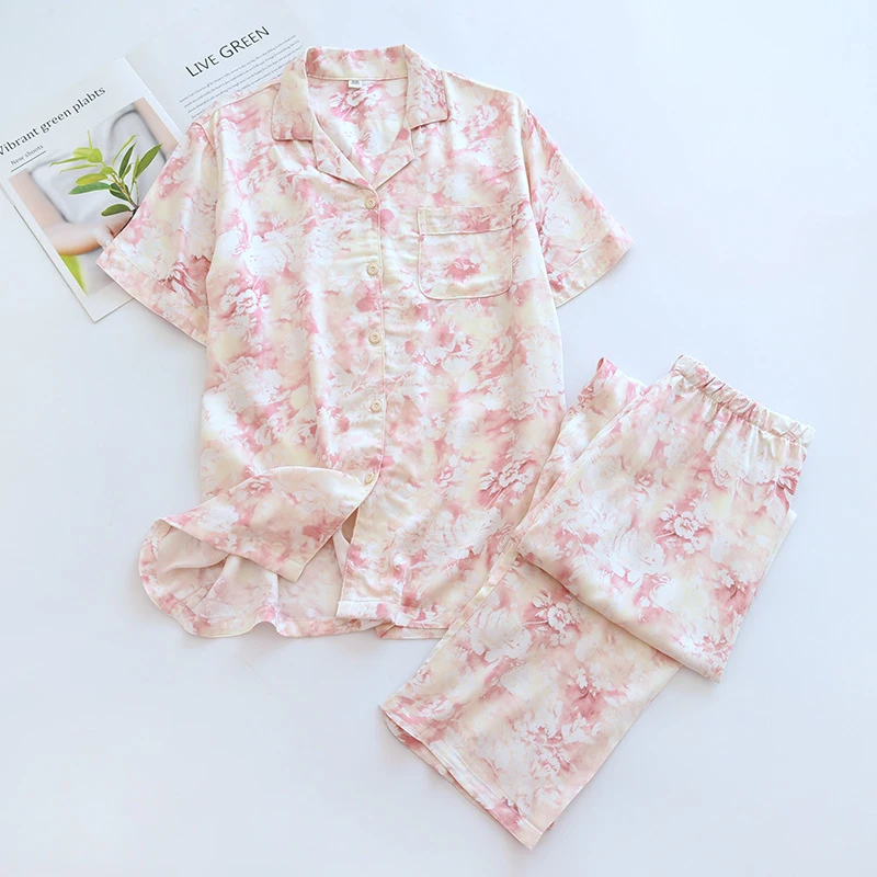 2pcs Women's Pajama Set Classic Printed Style Satin Cotton Printed Lapel Short Sleeve & Long Pants Lightweight Wearable Outside
