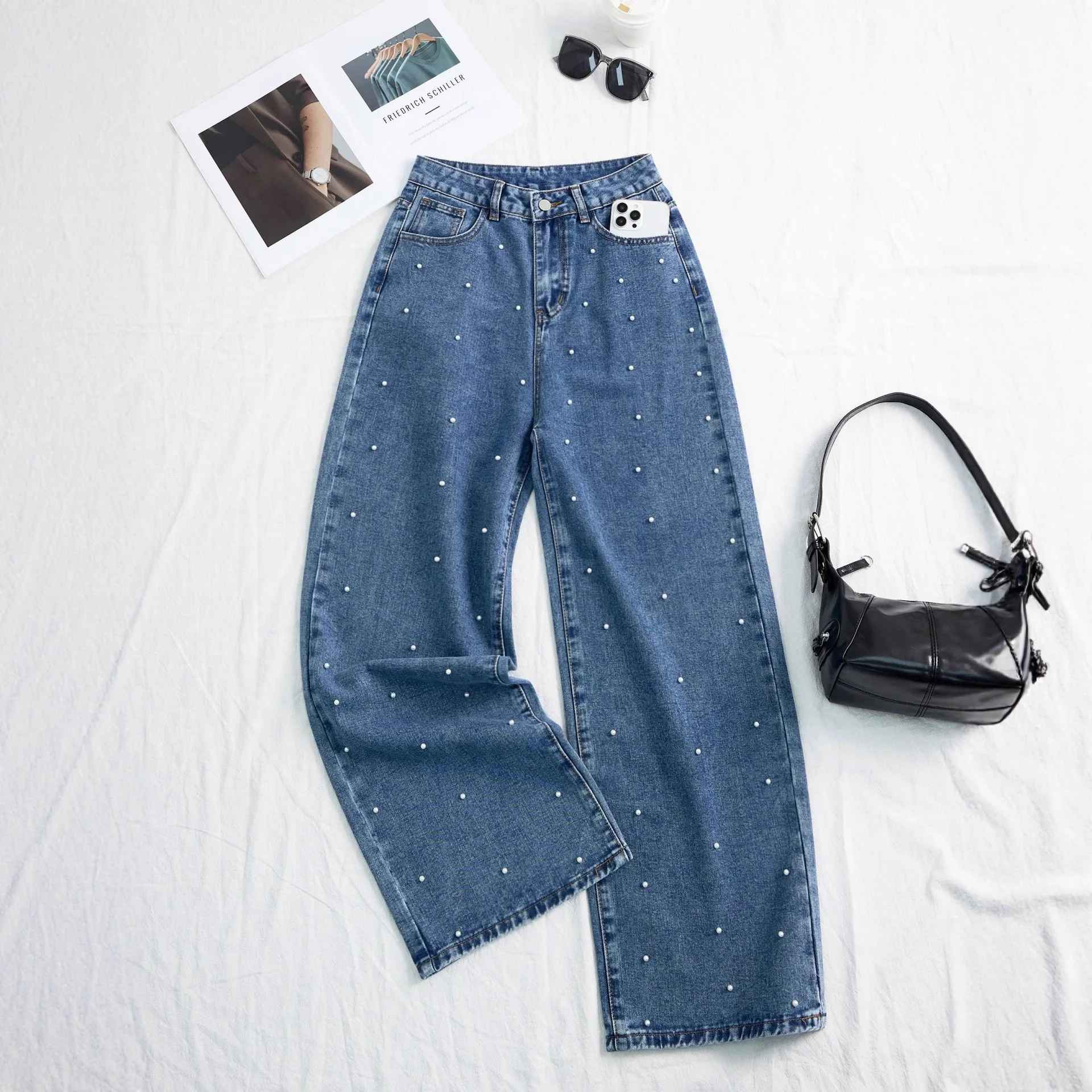 

New 2026 Women's Jeans Pants Beading High Waist Casual Straight Pants for Women Streetwear Elegant Splice Denim Female Trousers