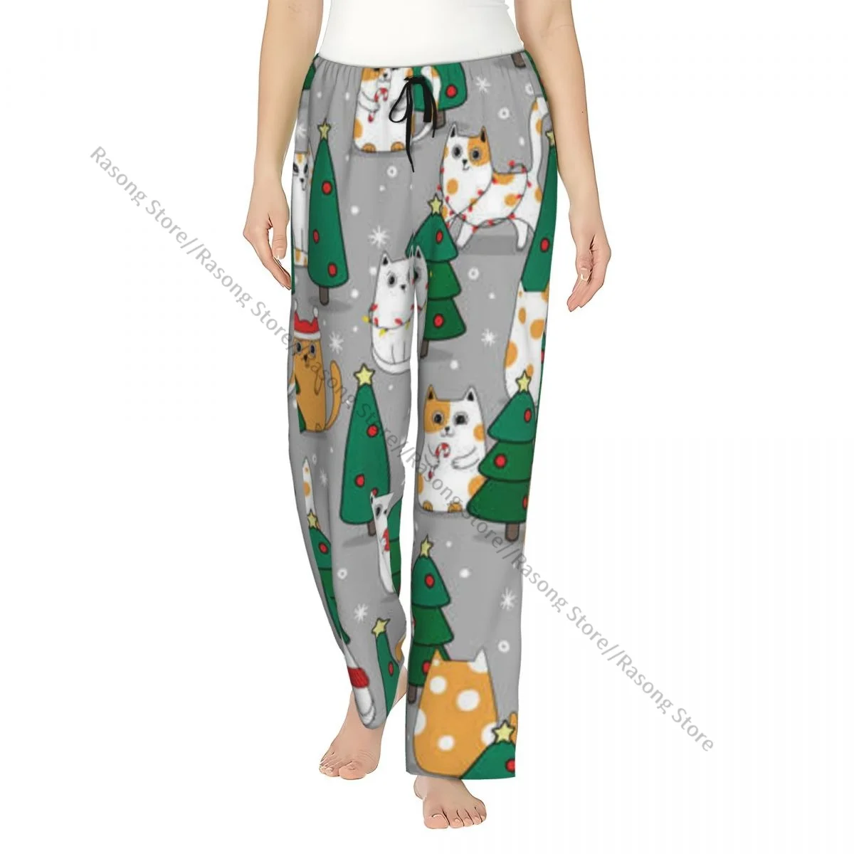 

Women Flannel Lounge Pants Soft Christmas Cute Kittens In Snow Pajama Pants Winter Sleepwear