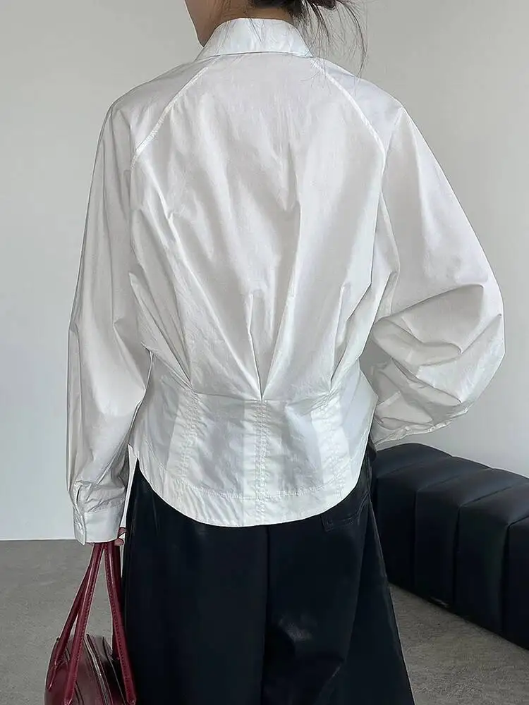 

Women Coffee Brief Plain Color Pleated Elegant Blouse New Lapel Long Sleeve Shirt Fashion Tide Spring Autumn