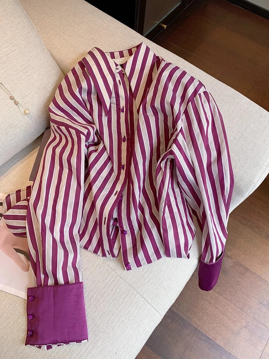 

Повседневная верхняя одежда свободного покроя для женщин в фиолетовую полоску с отложным воротником, повседневный осенний топ