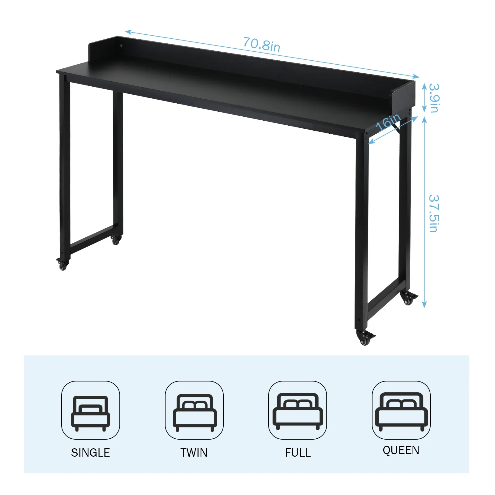 Overbed Table with Wheels for Full/Queen Size Bed Frame Multi-Functional Mobile Computer Desk Standing Workstation Laptop Cart