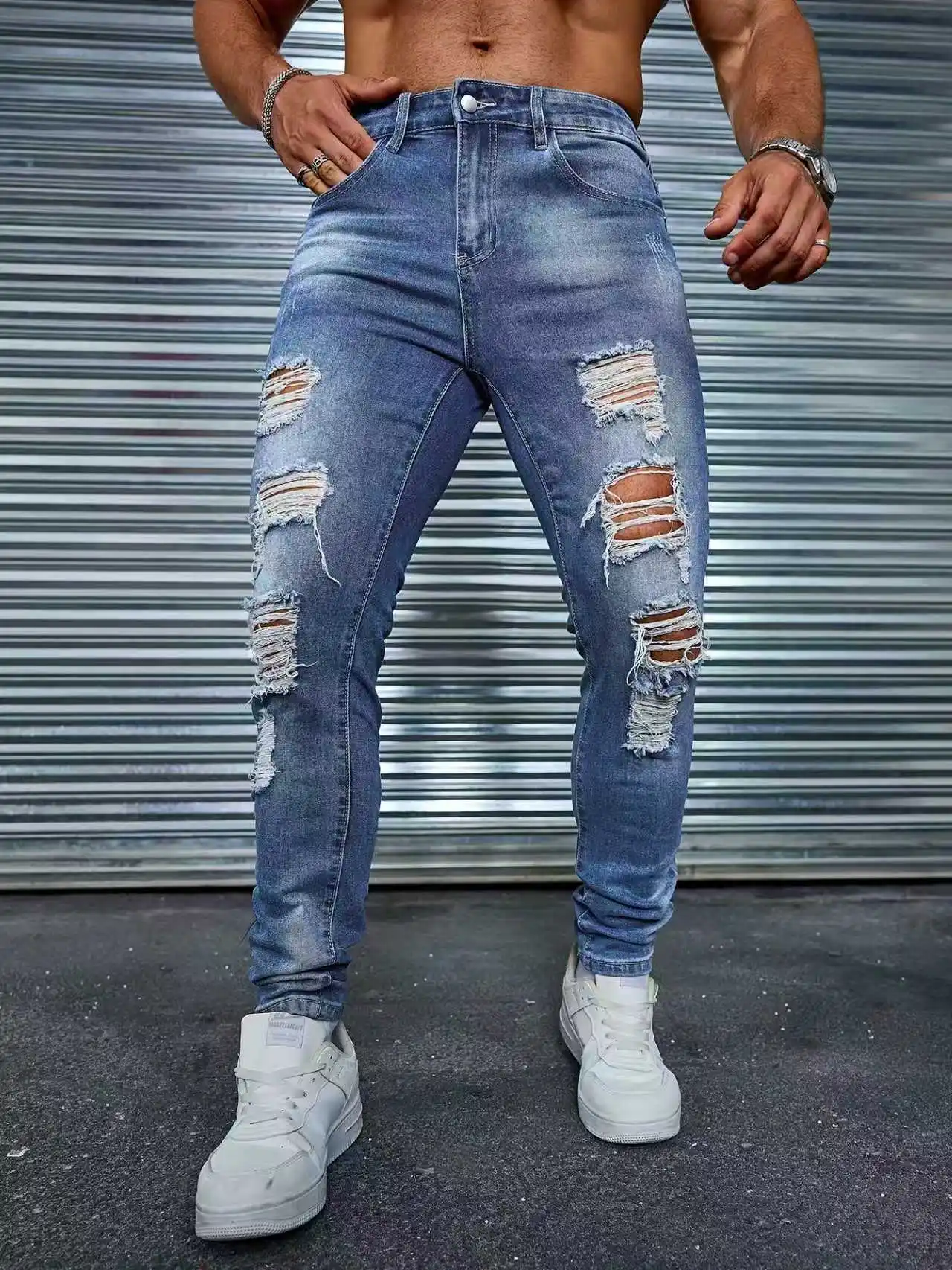 Мужские узкие рваные эластичные джинсовые брюки