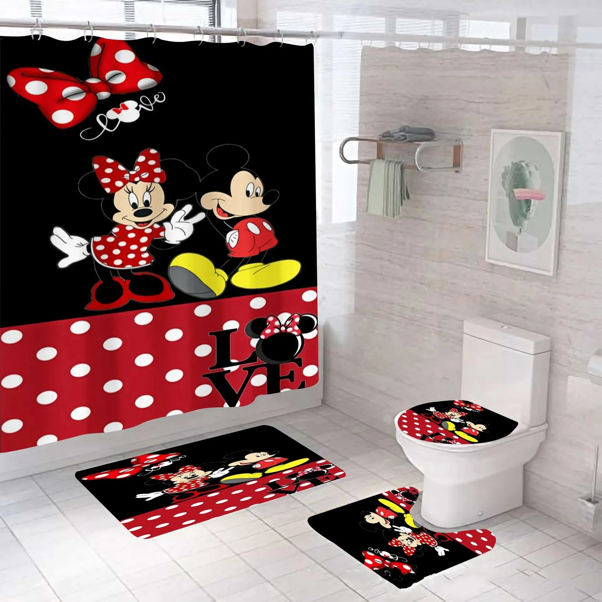 Mickey Minnie 4pcs Shower Curtain Waterproof Bath Curtain Carpet Toilet Mat Cartoon Anime Bathroom Decoration Bath Cover Hook