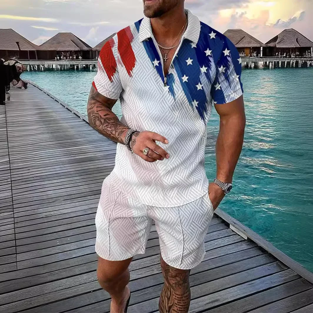 

Мужские комплекты из двух предметов, шорты, брюки, комплект с отложным воротником на молнии, рубашка поло, топы, короткие брюки, эластичная талия, повседневные свободные новые