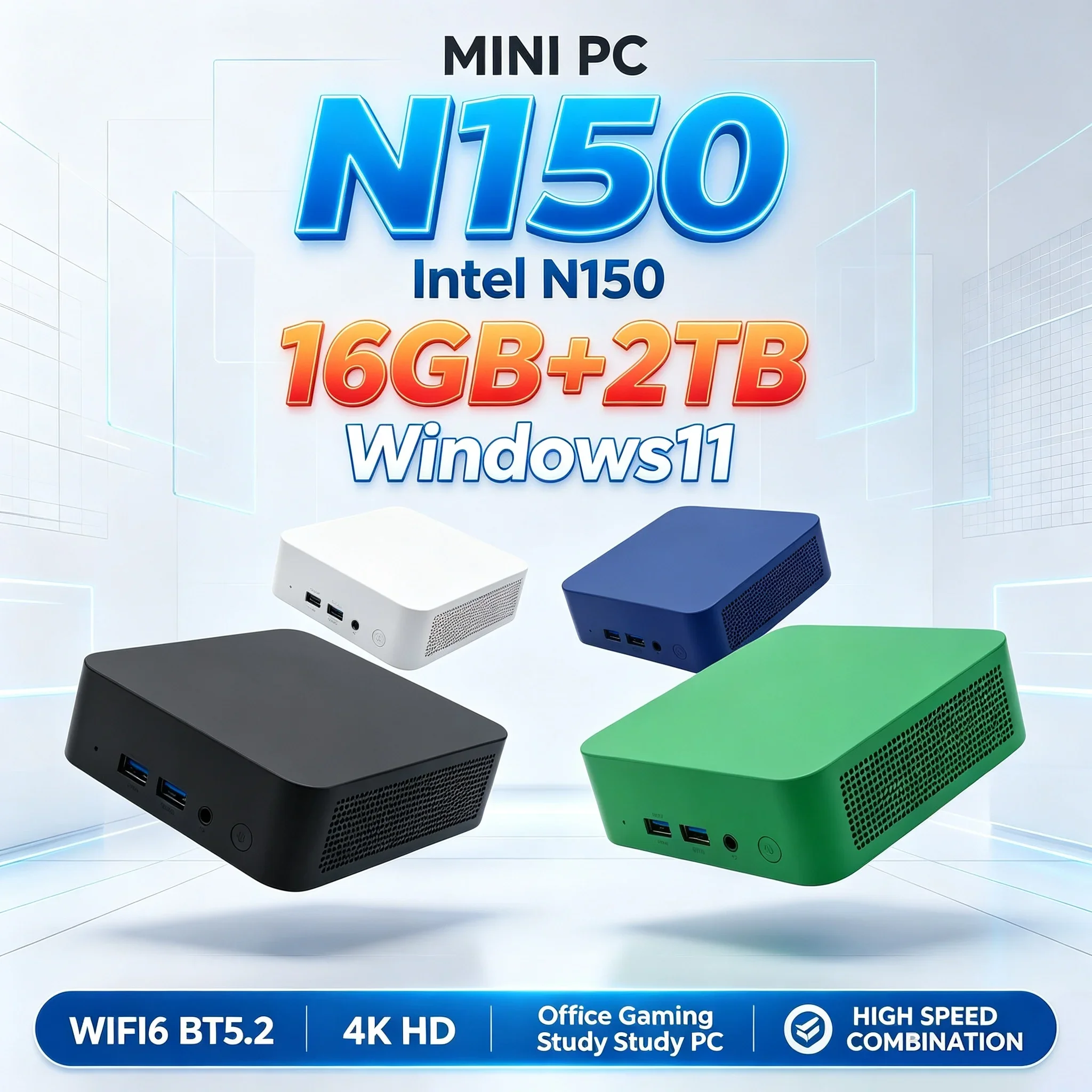 Compact Mini PC Intel N150 Windows11 16GB RAM Optional 1TB/2TB SSD WiFi 6 BT5.2 4K UHD Home Study Office Small Desktop Computer