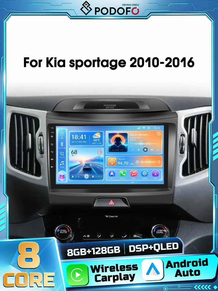 Podofo 8-kanałowy odtwarzacz samochodowy z systemem Android 2DIN do Kia Sportage 2010-2016, bezprzewodowy Carplay, autoradio, nawigacja GPS, Android Auto, WIFI, DSP, odbiornik FM, RDS, Bluetooth — 2