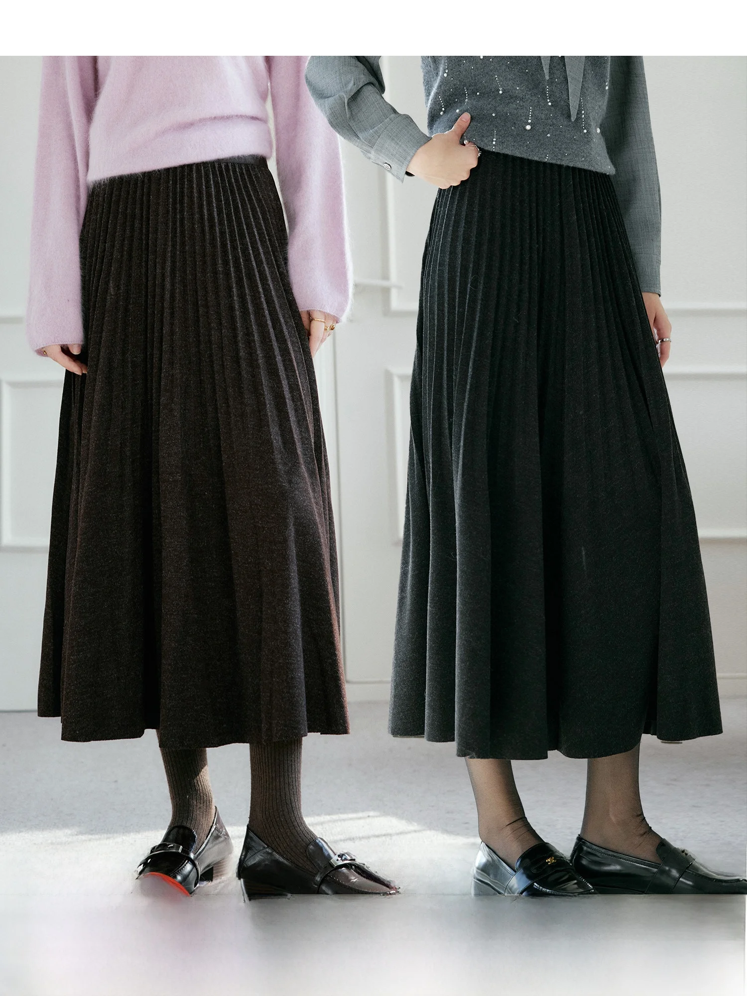 

Ele Pleated Woolen Skirt for Women A-Line Slimming Umbrella Skirt Autumn Commute Polyester Viscose Woolen Fabric