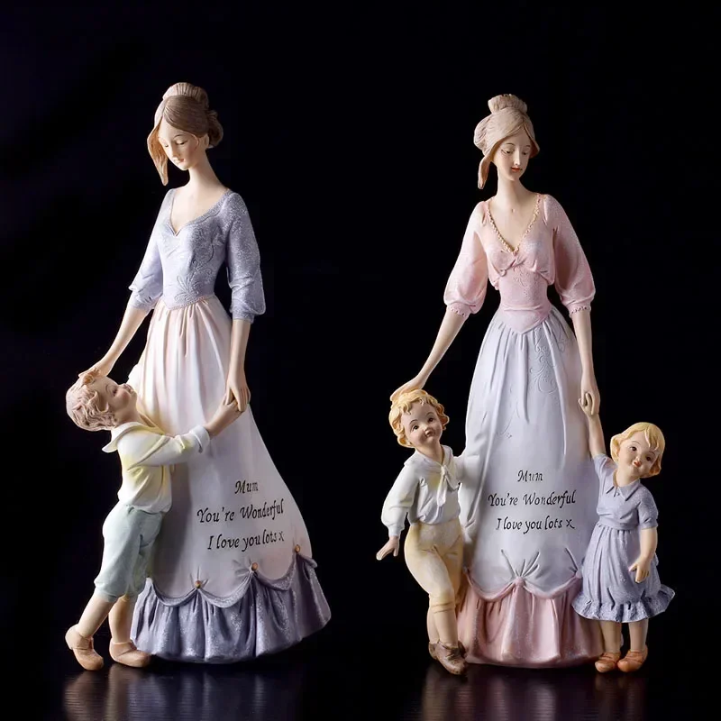 

European Retro Resin Mother Child Statue Ornaments Crafts Home Table Mom Children Figurines Miniatures Decoration Love Gifts Art