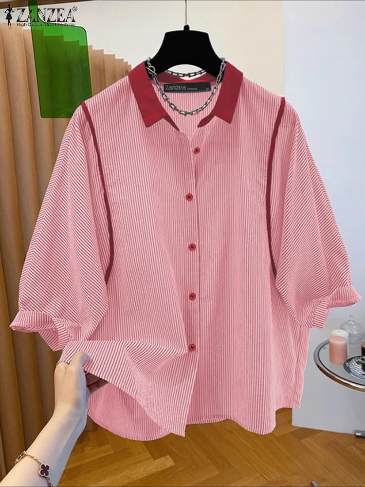 ZANZEA Jesienne Koszule w Paski Damskie Koreańska Moda Eleganckie Rękawy 3/4 Kołnierzyk Kolorowy Blok Kontrastowe Paski Koszule Damskie